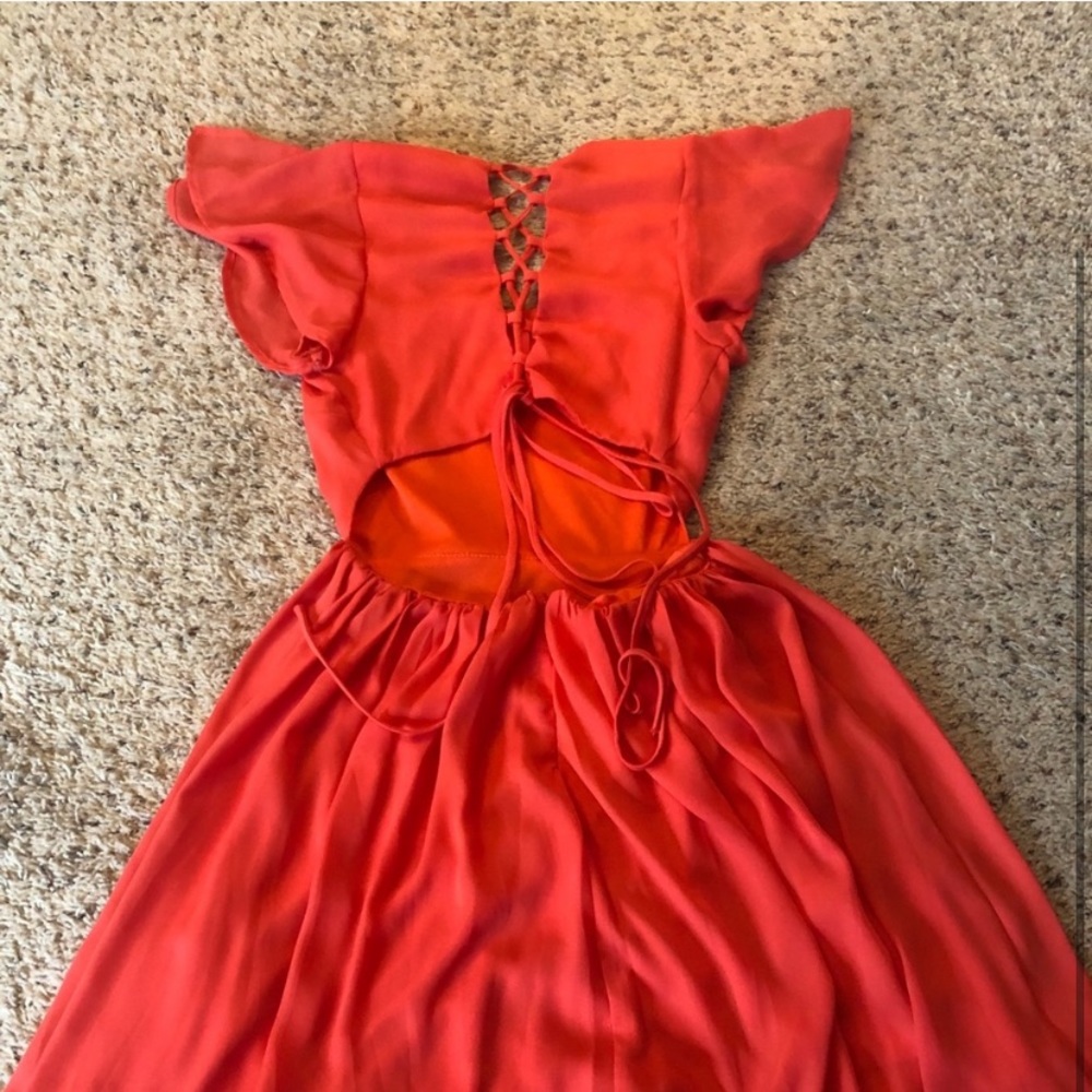 Coral lace back cocktail dress